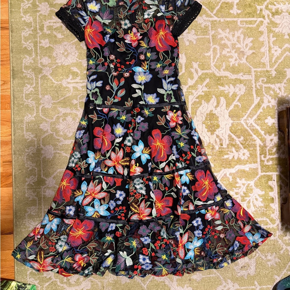 Anthropologie Black Midi Dress with Multicolor Floral Embroidery